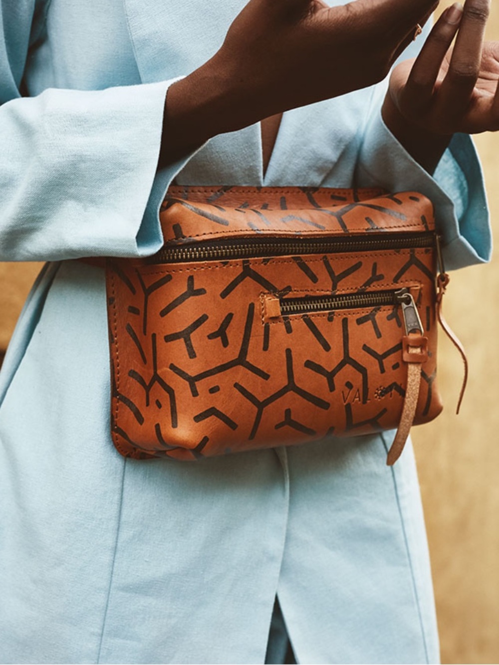 Valoyi Khaya Waistbag Tan Patterned Leather Crossbody Belt Bag